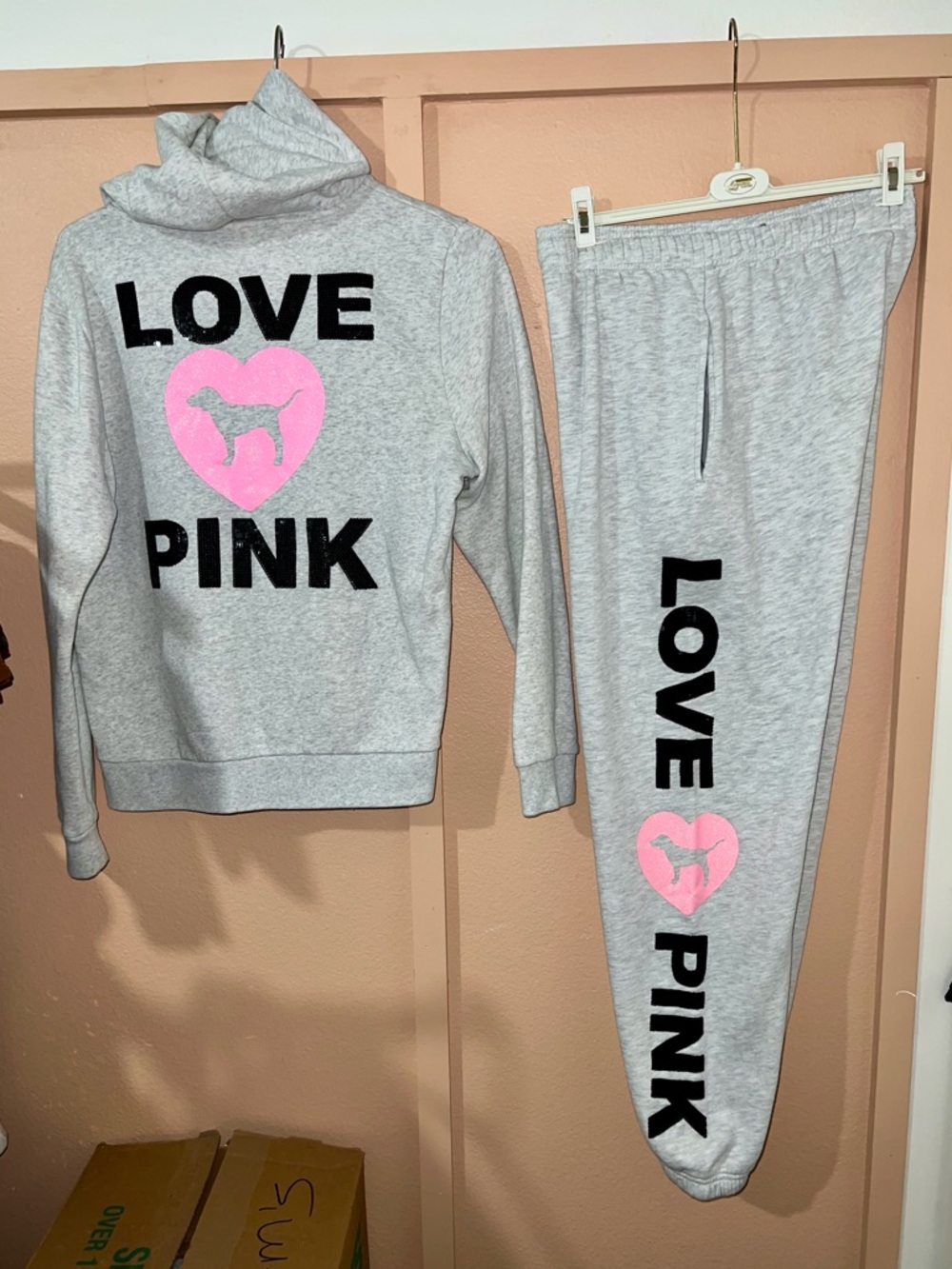 PINK Victoria's Secret Light Gray Zip-Up Sweatshirt with Pink Logo & Joggers Set